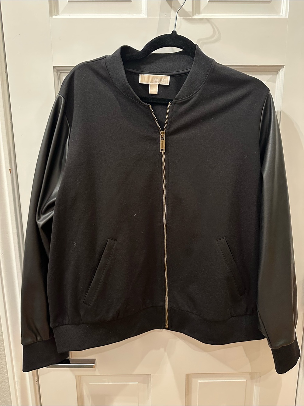 Michael Kors Black Women’s Bomber Jacket with Faux-Leather Sleeves